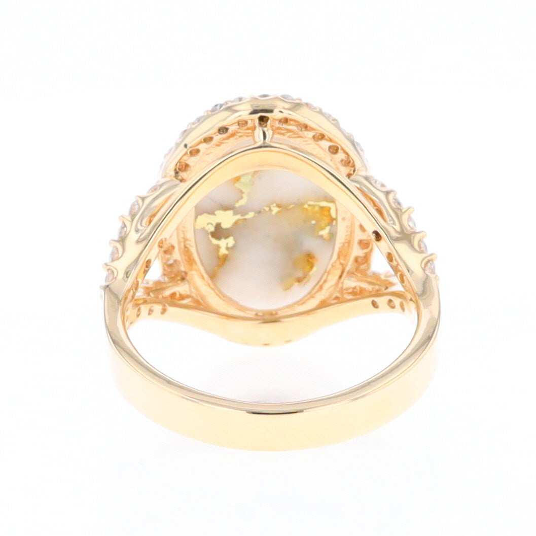 Gold Quartz Ring Oval Cabochon .65ctw Round Diamonds Halo