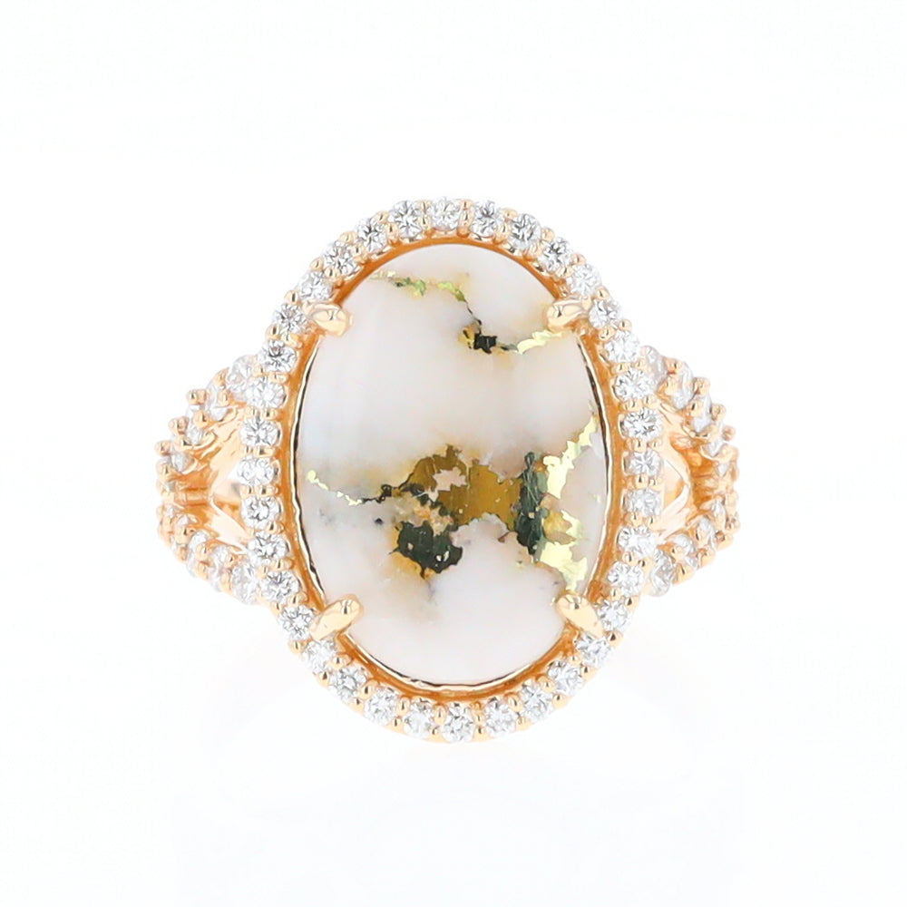 Gold Quartz Ring Oval Cabochon .65ctw Round Diamonds Halo