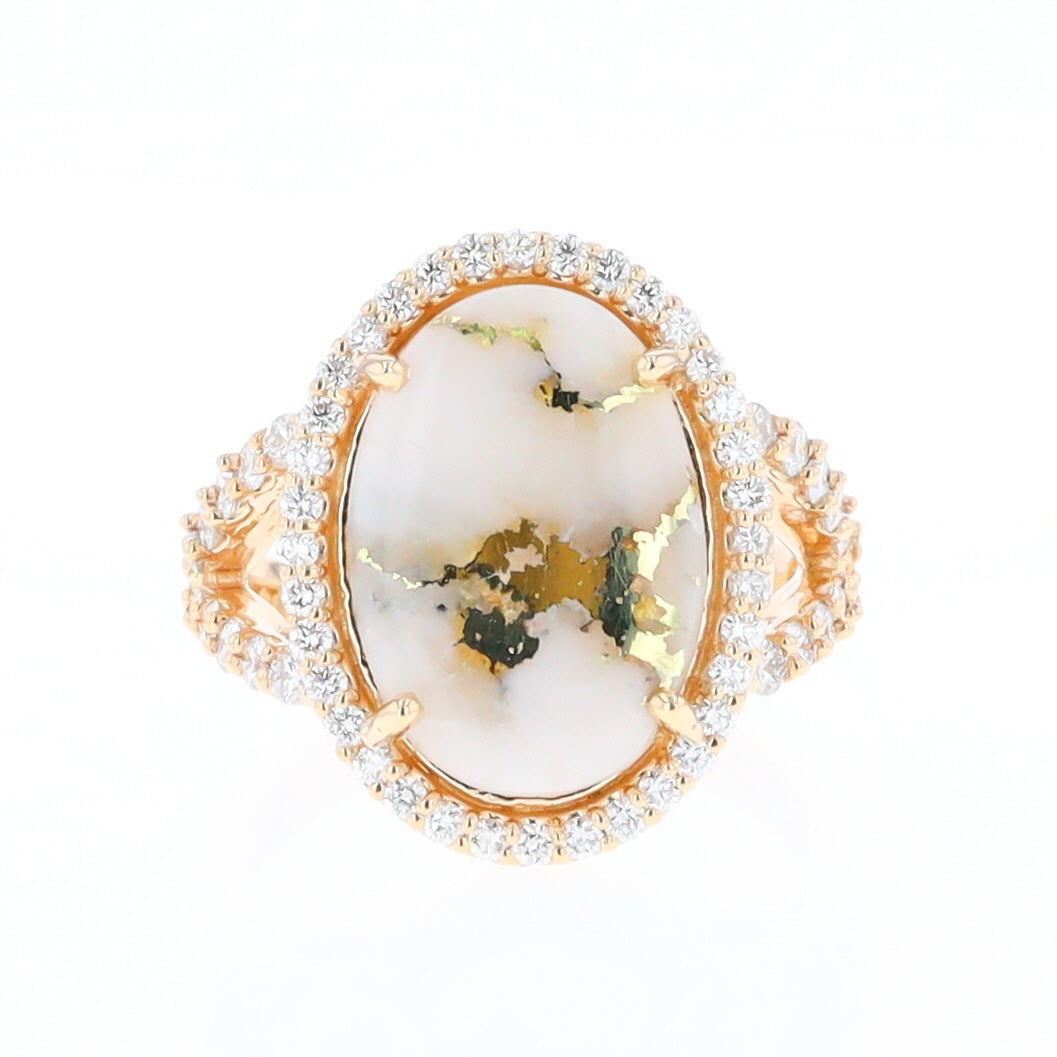 Gold Quartz Ring Oval Cabochon .65ctw Round Diamonds Halo