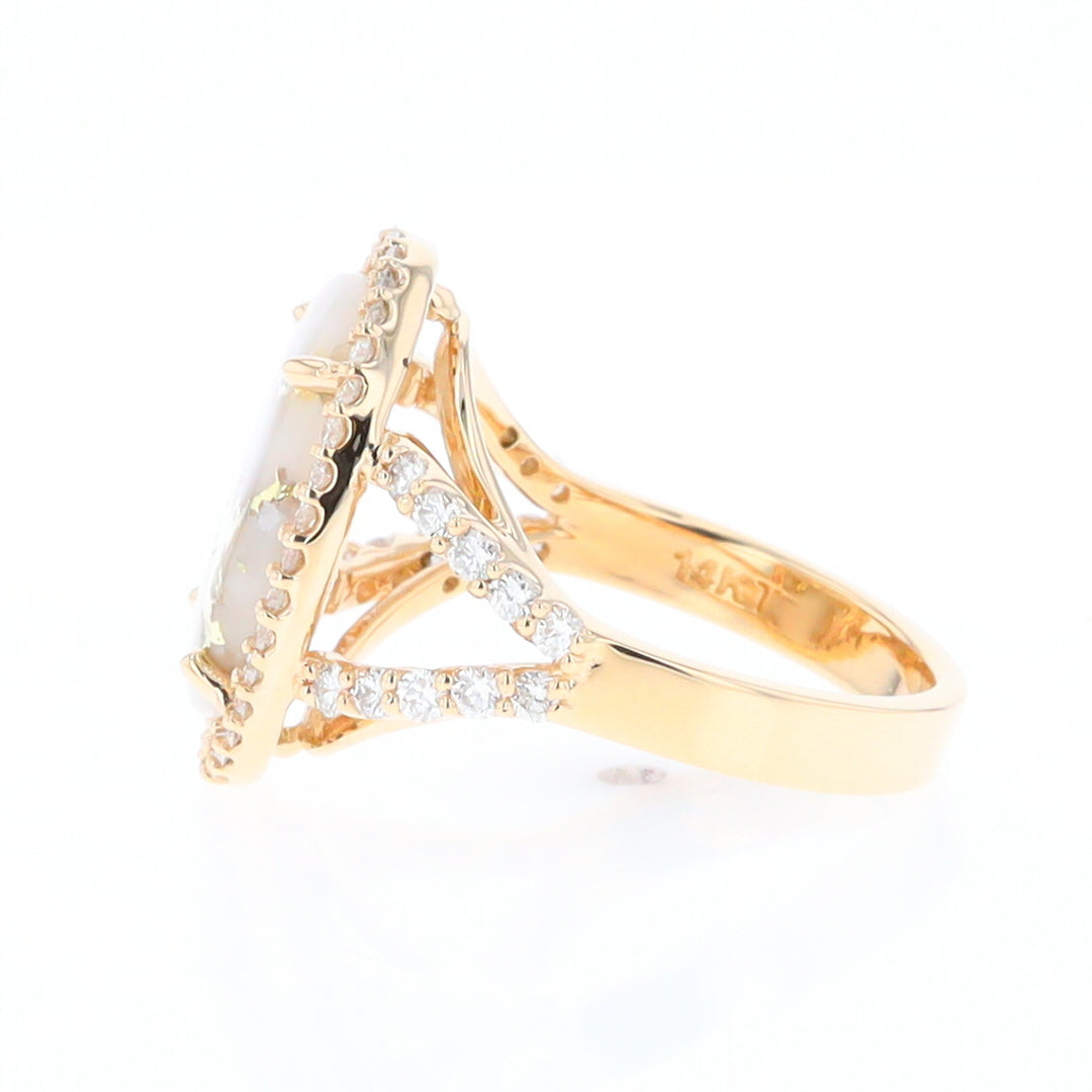 Gold Quartz Ring Oval Cabochon .65ctw Round Diamonds Halo