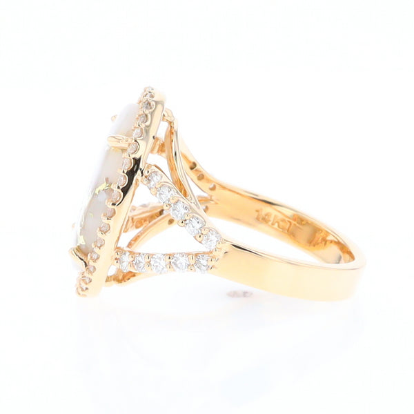 Gold Quartz Ring Oval Cabochon .65ctw Round Diamonds Halo