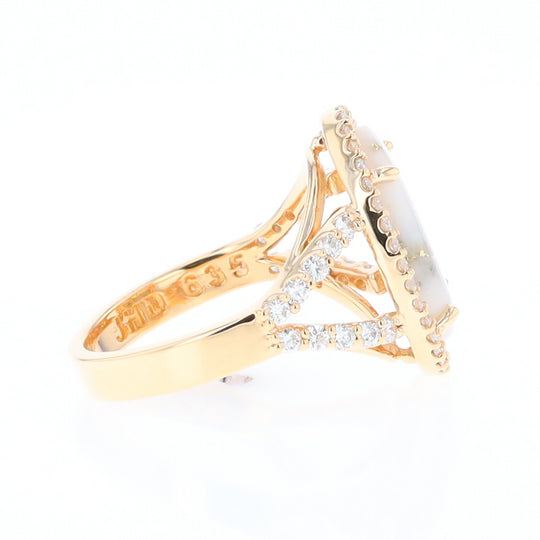 Gold Quartz Ring Oval Cabochon .65ctw Round Diamonds Halo