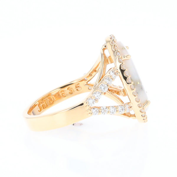 Gold Quartz Ring Oval Cabochon .65ctw Round Diamonds Halo