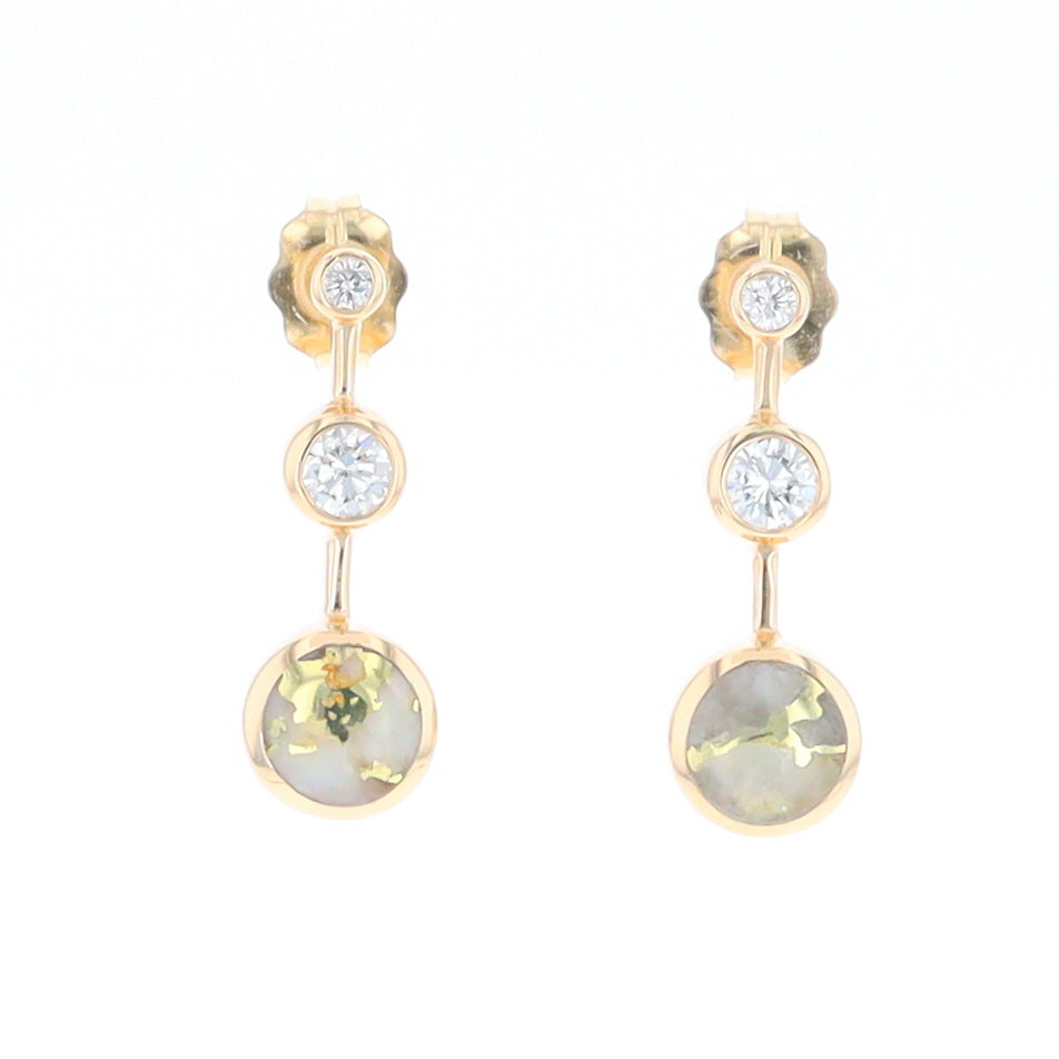 Gold Quartz Round Inlay with Diamond Accents Stud Earrings G1