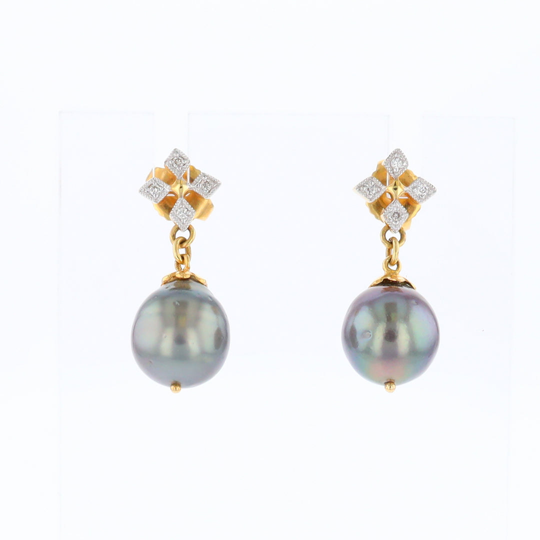 Cultured Tahitian Black Pearl Dangle Earrings with Diamonds in 18K Gold