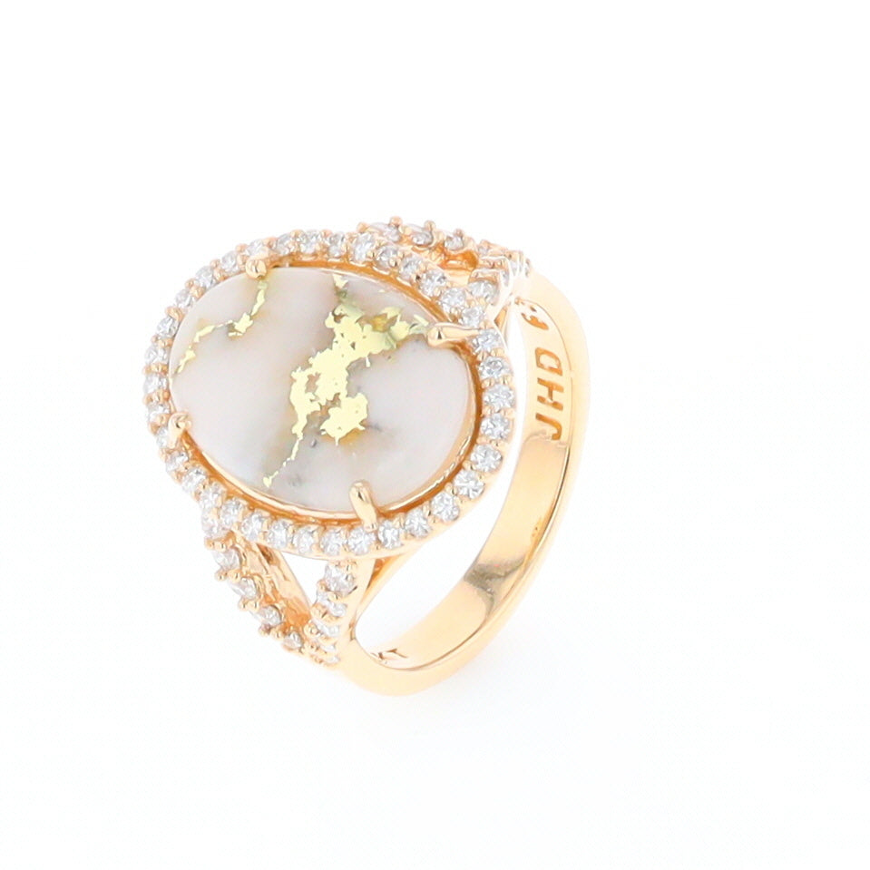 Gold Quartz Ring Oval Cabochon .65ctw Round Diamonds Halo