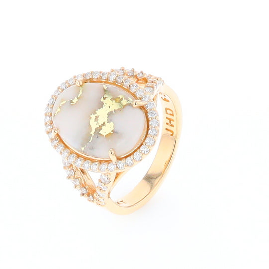 Gold Quartz Ring Oval Cabochon .65ctw Round Diamonds Halo