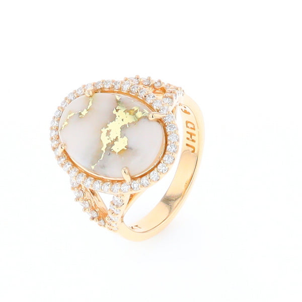 Gold Quartz Ring Oval Cabochon .65ctw Round Diamonds Halo