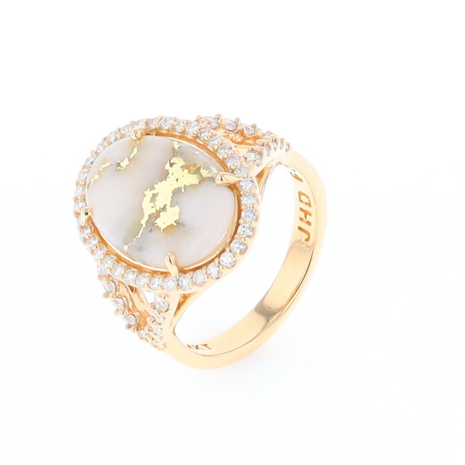 Gold Quartz Ring Oval Cabochon .65ctw Round Diamonds Halo