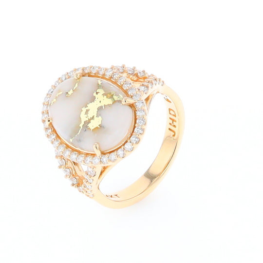 Gold Quartz Ring Oval Cabochon .65ctw Round Diamonds Halo