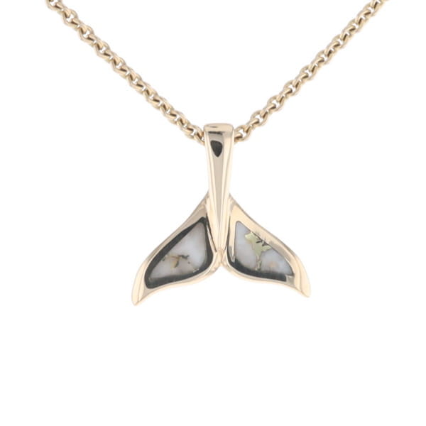 Whale Tail Gold Quartz Double Sided Inlaid Sea Life Pendant