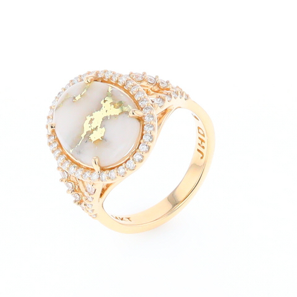 Gold Quartz Ring Oval Cabochon .65ctw Round Diamonds Halo