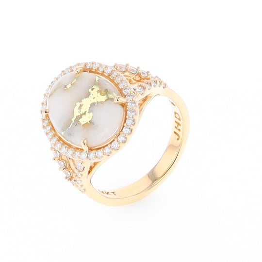 Gold Quartz Ring Oval Cabochon .65ctw Round Diamonds Halo
