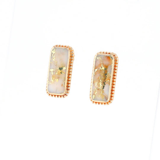 Gold Quartz Earrings Rectangle Inlaid Milgrain Design - G2