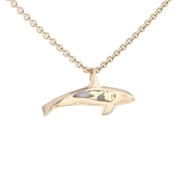 Gold Quartz Necklace Orca Killer Whale Inlaid Sea Life Pendant
