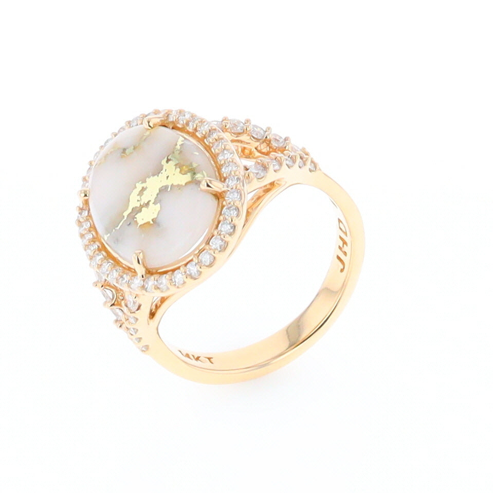 Gold Quartz Ring Oval Cabochon .65ctw Round Diamonds Halo