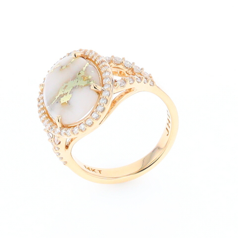 Gold Quartz Ring Oval Cabochon .65ctw Round Diamonds Halo
