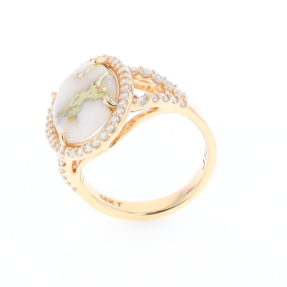 Gold Quartz Ring Oval Cabochon .65ctw Round Diamonds Halo