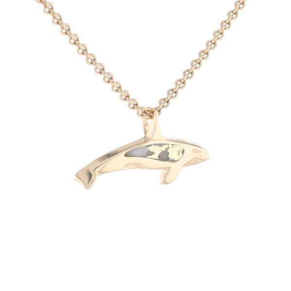 Gold Quartz Necklace Orca Killer Whale Inlaid Sea Life Pendant