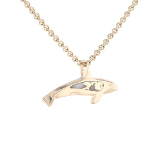 Gold Quartz Necklace Orca Killer Whale Inlaid Sea Life Pendant