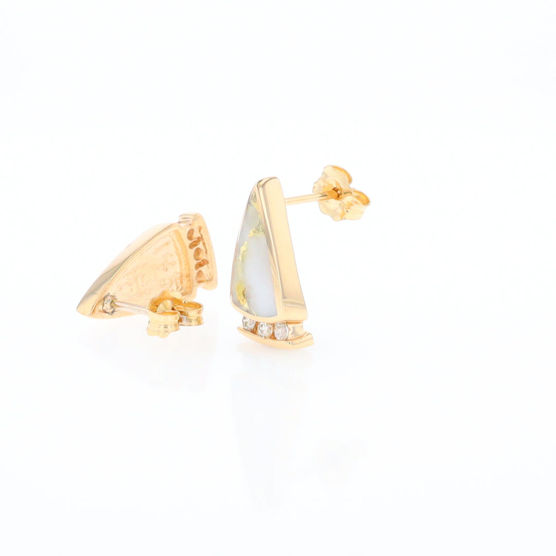 G1 Gold Quartz Earrings Triangle Shape Inlaid Design with .12ctw Diamonds
