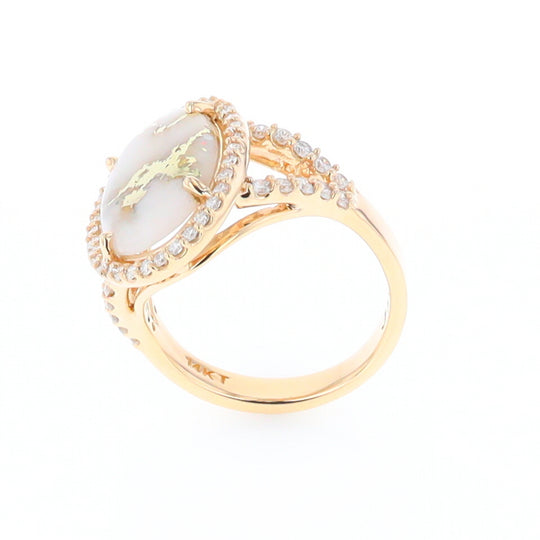 Gold Quartz Ring Oval Cabochon .65ctw Round Diamonds Halo