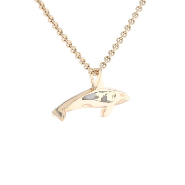 Gold Quartz Necklace Orca Killer Whale Inlaid Sea Life Pendant