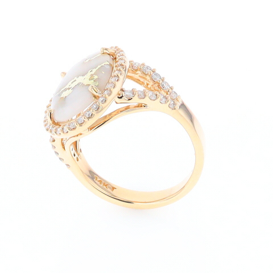 Gold Quartz Ring Oval Cabochon .65ctw Round Diamonds Halo