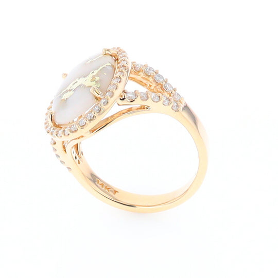 Gold Quartz Ring Oval Cabochon .65ctw Round Diamonds Halo