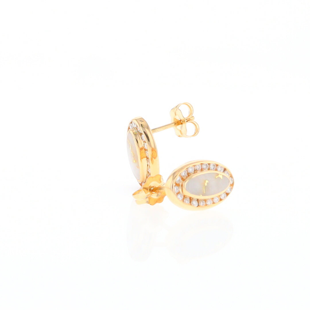 Gold Quartz Earrings Oval Inlaid with .25ctw Round Diamonds Halo