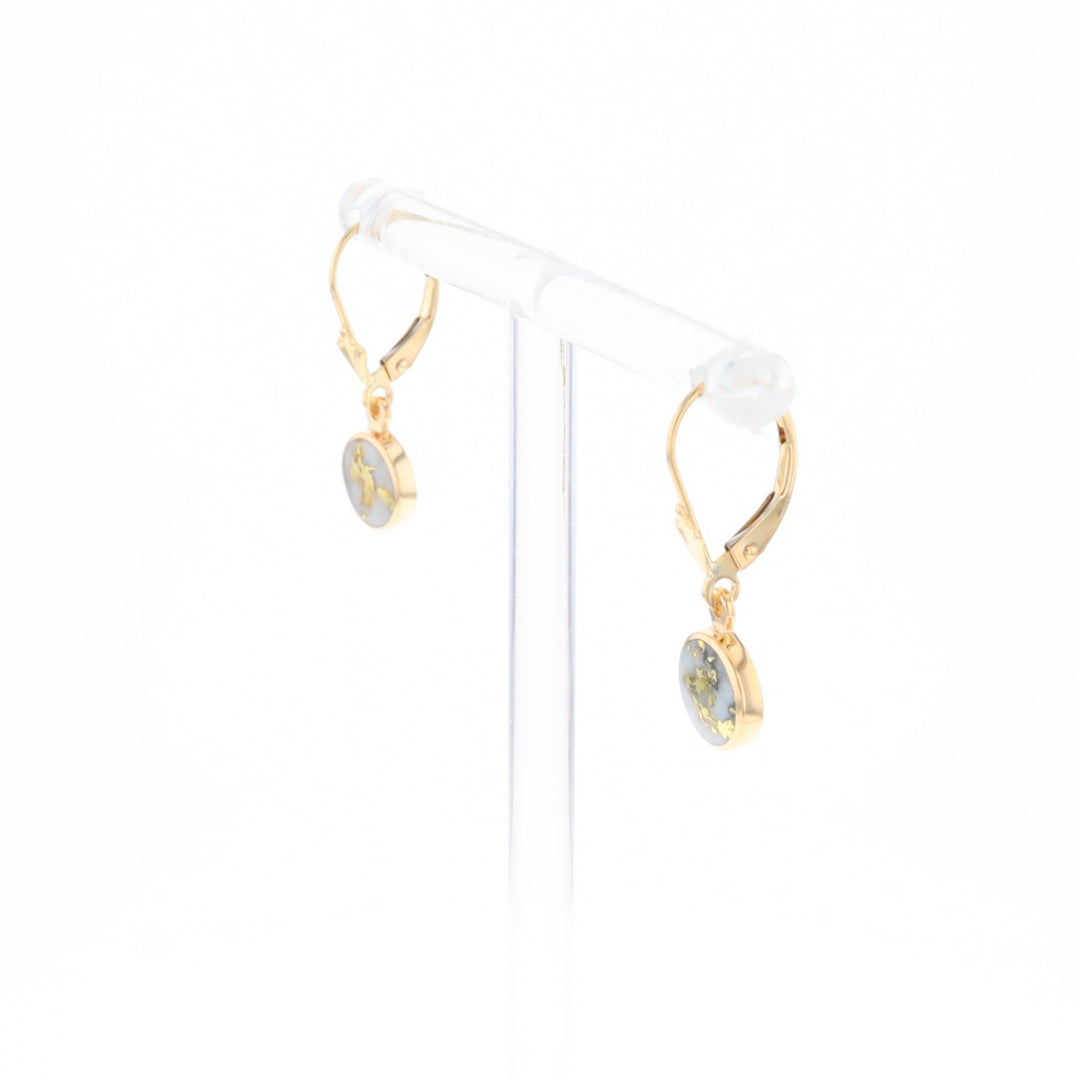 Gold Quartz Earrings Round Inlaid Design Lever Backs