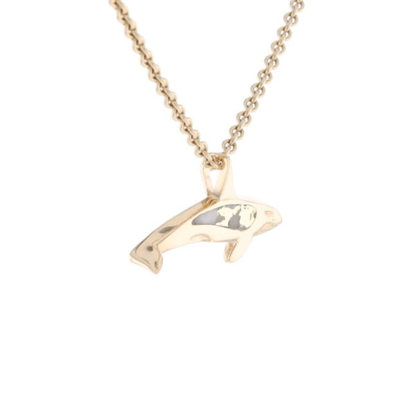 Gold Quartz Necklace Orca Killer Whale Inlaid Sea Life Pendant