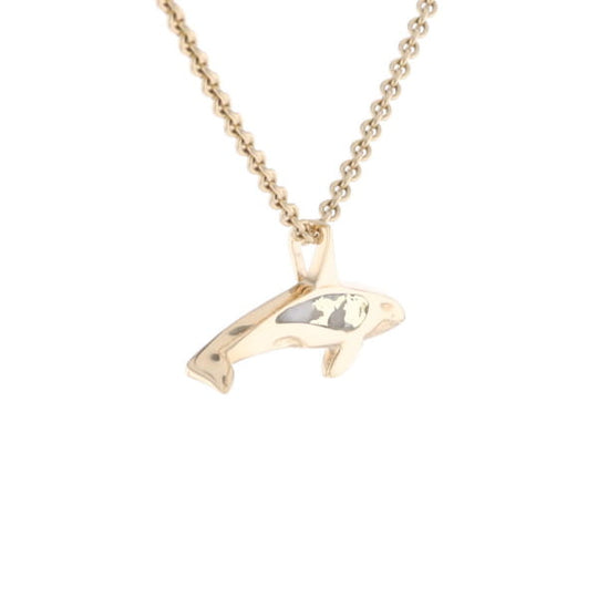 Gold Quartz Necklace Orca Killer Whale Inlaid Sea Life Pendant