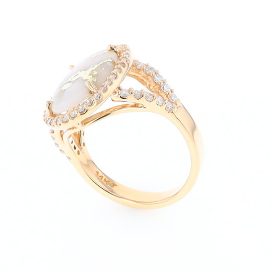 Gold Quartz Ring Oval Cabochon .65ctw Round Diamonds Halo