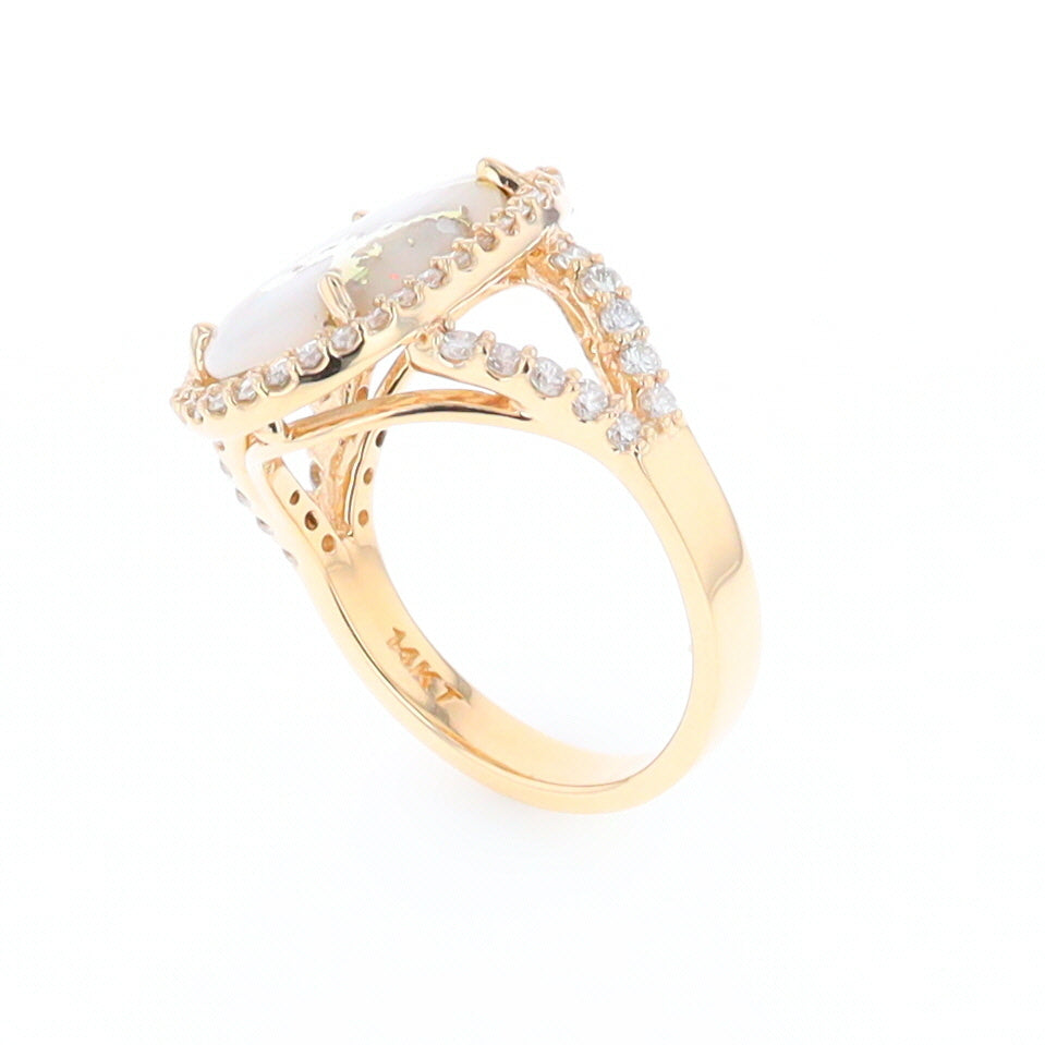 Gold Quartz Ring Oval Cabochon .65ctw Round Diamonds Halo