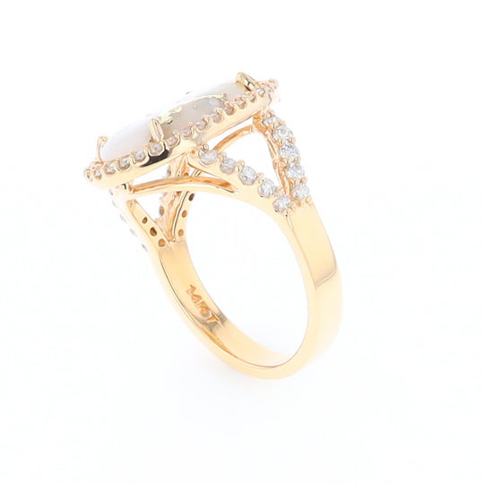 Gold Quartz Ring Oval Cabochon .65ctw Round Diamonds Halo