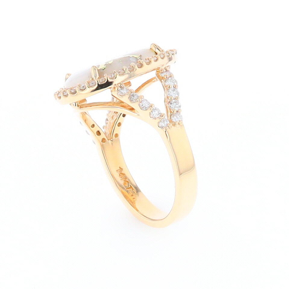 Gold Quartz Ring Oval Cabochon .65ctw Round Diamonds Halo