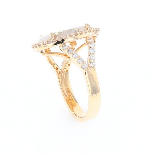 Gold Quartz Ring Oval Cabochon .65ctw Round Diamonds Halo