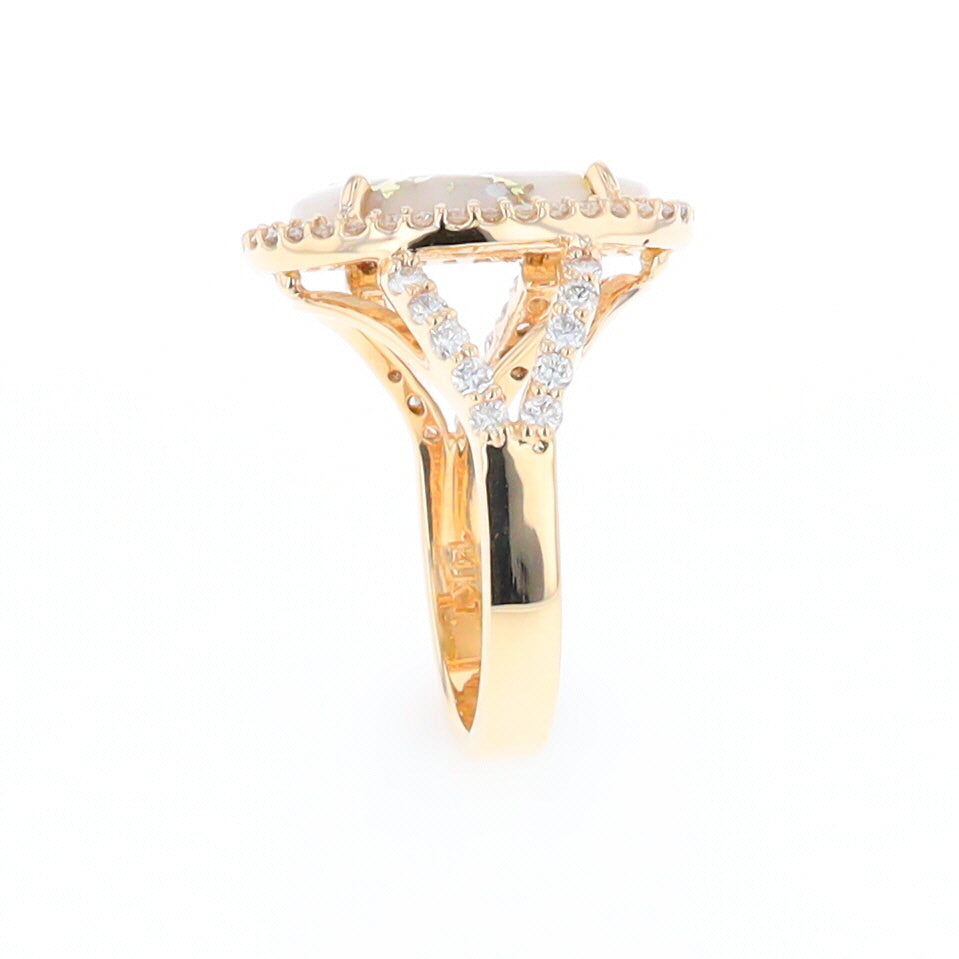 Gold Quartz Ring Oval Cabochon .65ctw Round Diamonds Halo