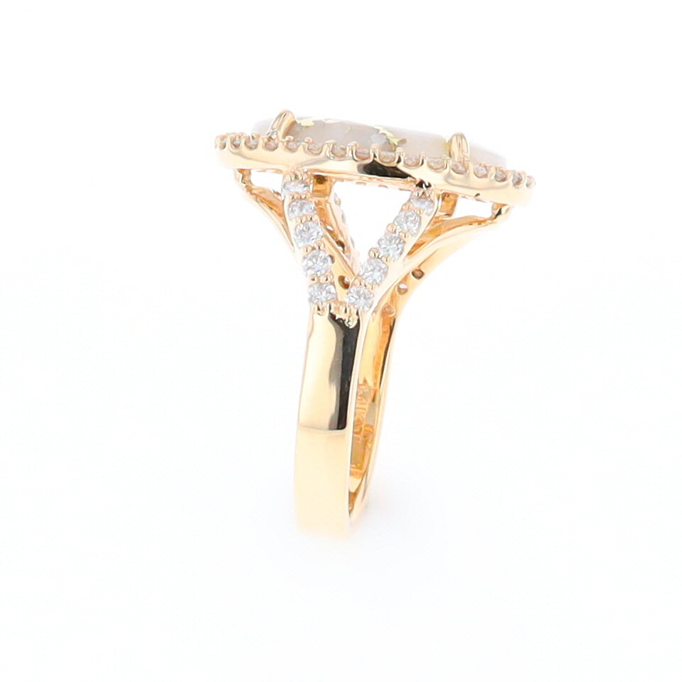 Gold Quartz Ring Oval Cabochon .65ctw Round Diamonds Halo