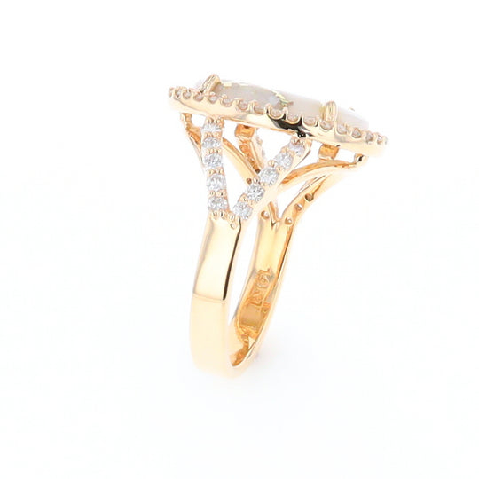 Gold Quartz Ring Oval Cabochon .65ctw Round Diamonds Halo