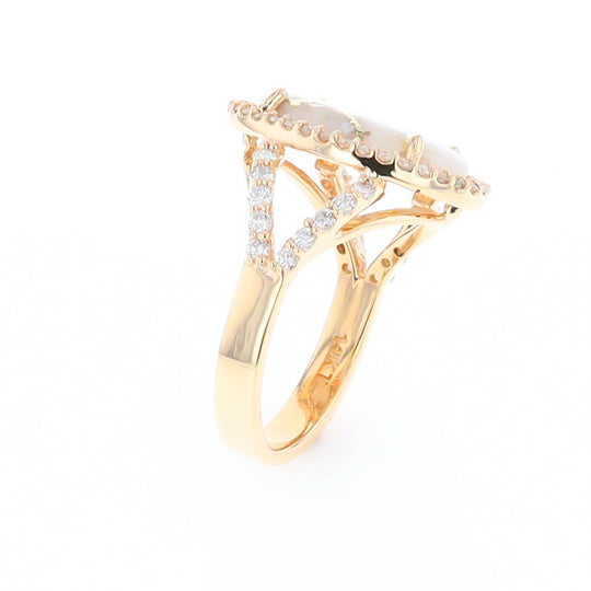 Gold Quartz Ring Oval Cabochon .65ctw Round Diamonds Halo