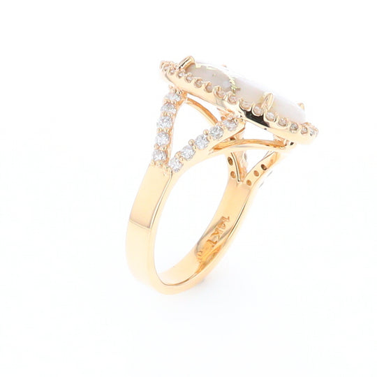 Gold Quartz Ring Oval Cabochon .65ctw Round Diamonds Halo