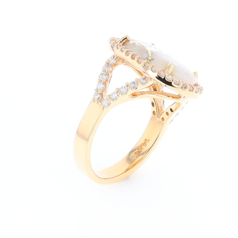 Gold Quartz Ring Oval Cabochon .65ctw Round Diamonds Halo