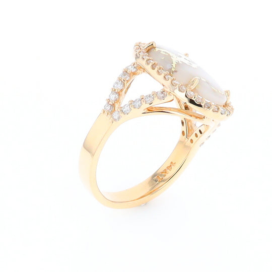 Gold Quartz Ring Oval Cabochon .65ctw Round Diamonds Halo