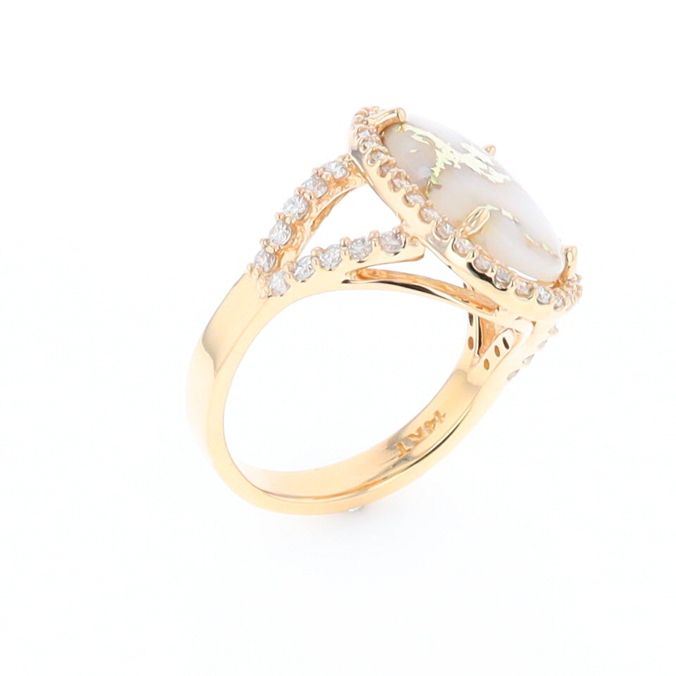 Gold Quartz Ring Oval Cabochon .65ctw Round Diamonds Halo
