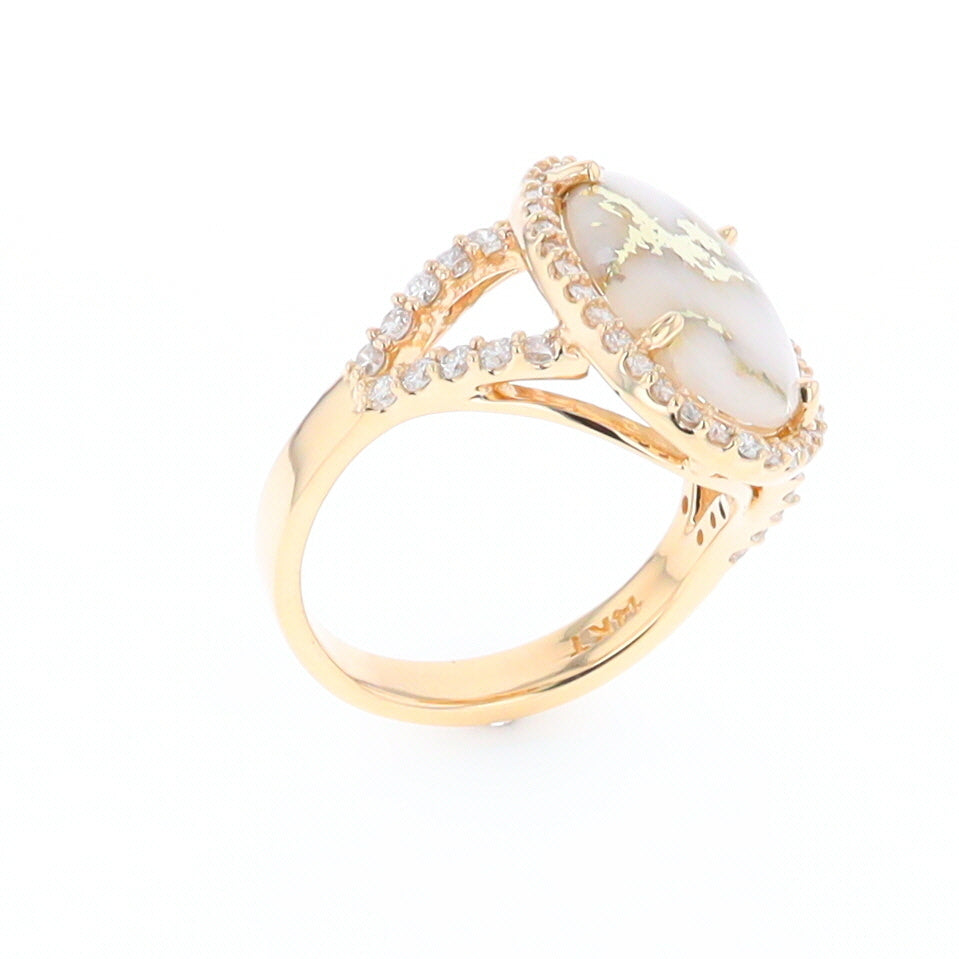 Gold Quartz Ring Oval Cabochon .65ctw Round Diamonds Halo