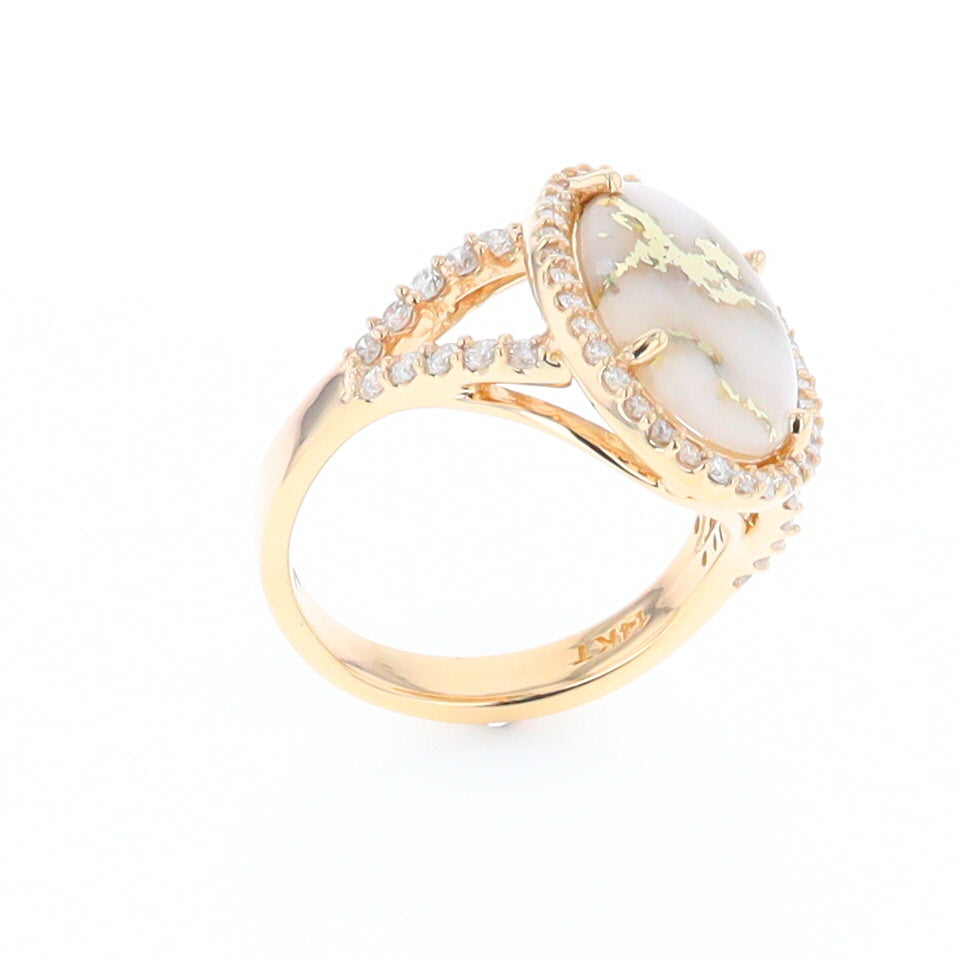 Gold Quartz Ring Oval Cabochon .65ctw Round Diamonds Halo