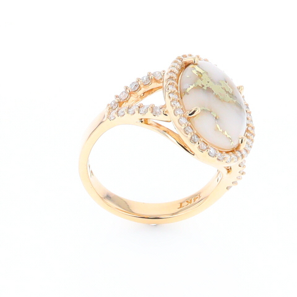 Gold Quartz Ring Oval Cabochon .65ctw Round Diamonds Halo