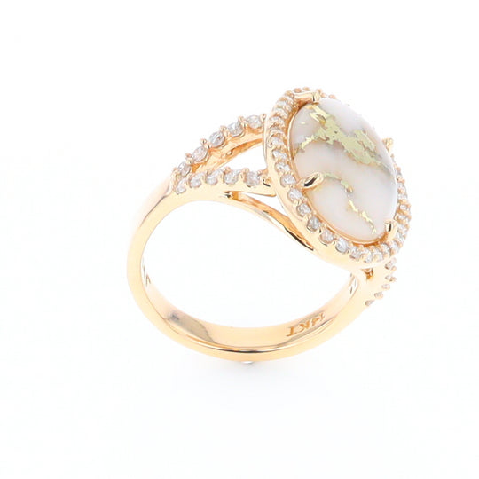 Gold Quartz Ring Oval Cabochon .65ctw Round Diamonds Halo